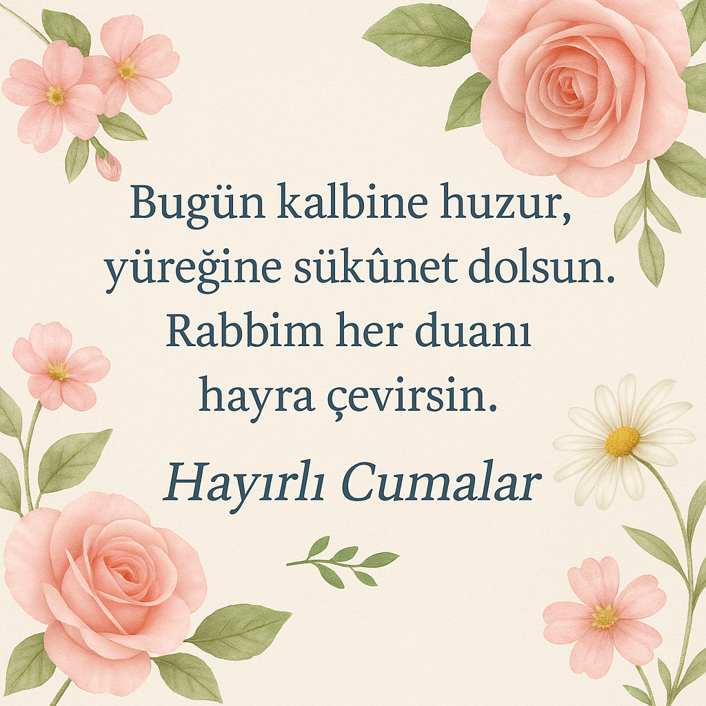 Bugün kalbine huzur, yüreğine sükûnet dolsun. Hayırlı Cumalar mesajı, çiçekli cuma görseli.